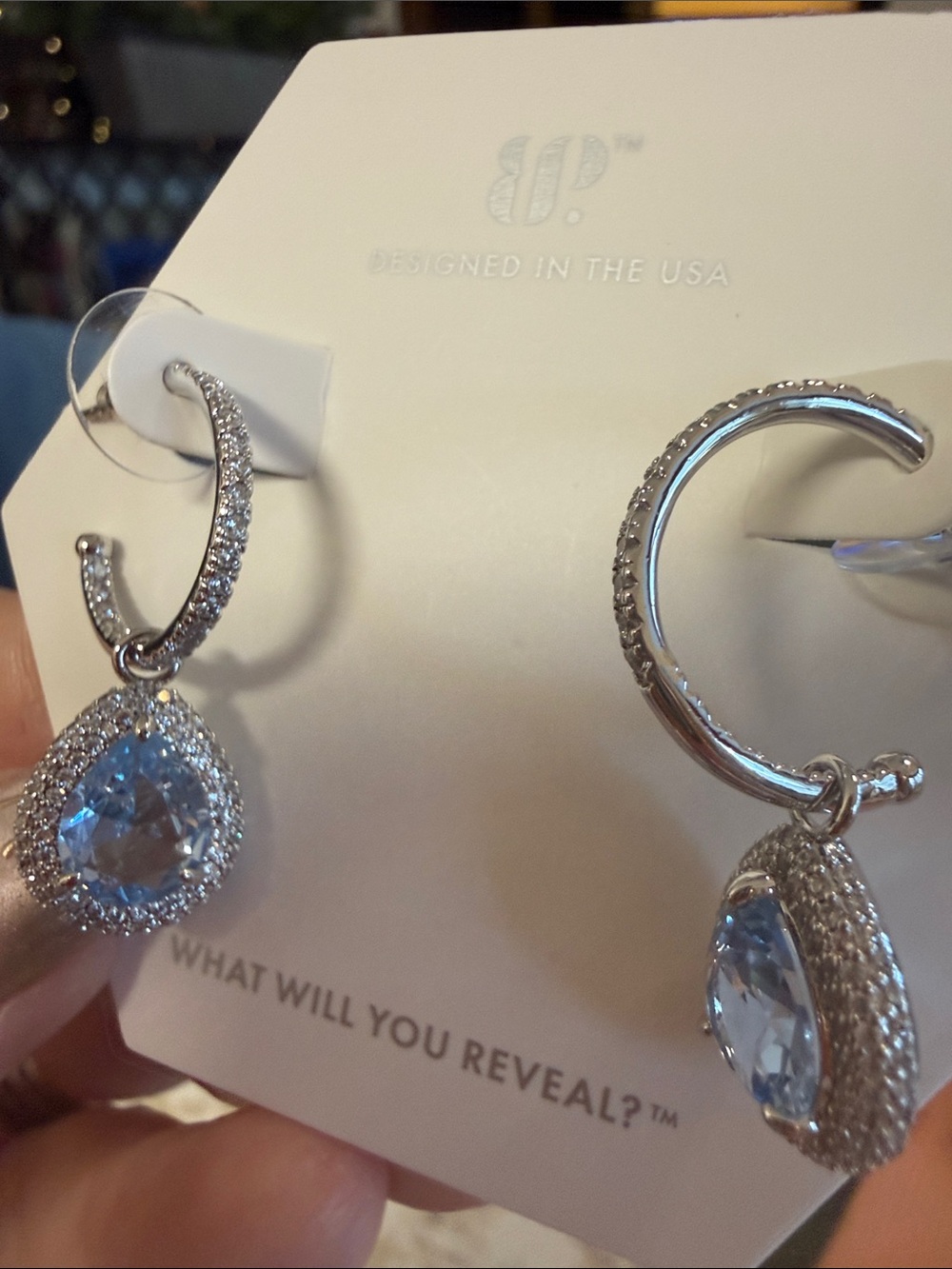 Silver-Tone Blue Teardrop Hoop Earrings with Pavé Accents